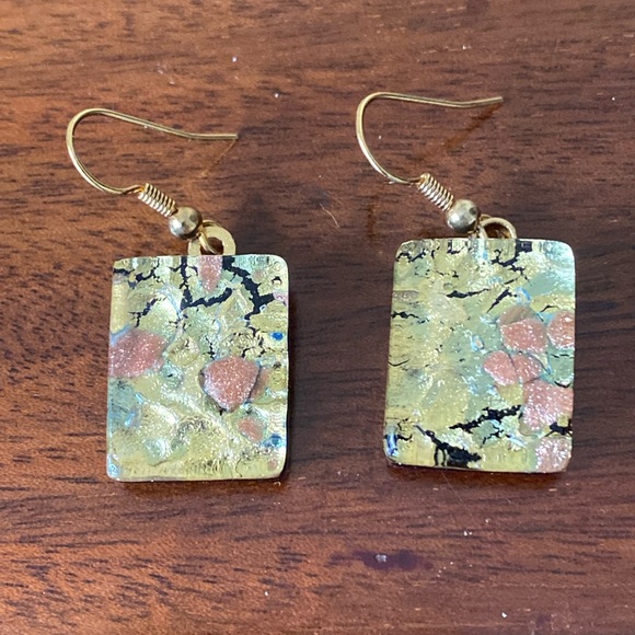 Murano Italy Glass Earrings gold leaf, sea foam green, bronze, and cobalt blue - Picture 5 of 9